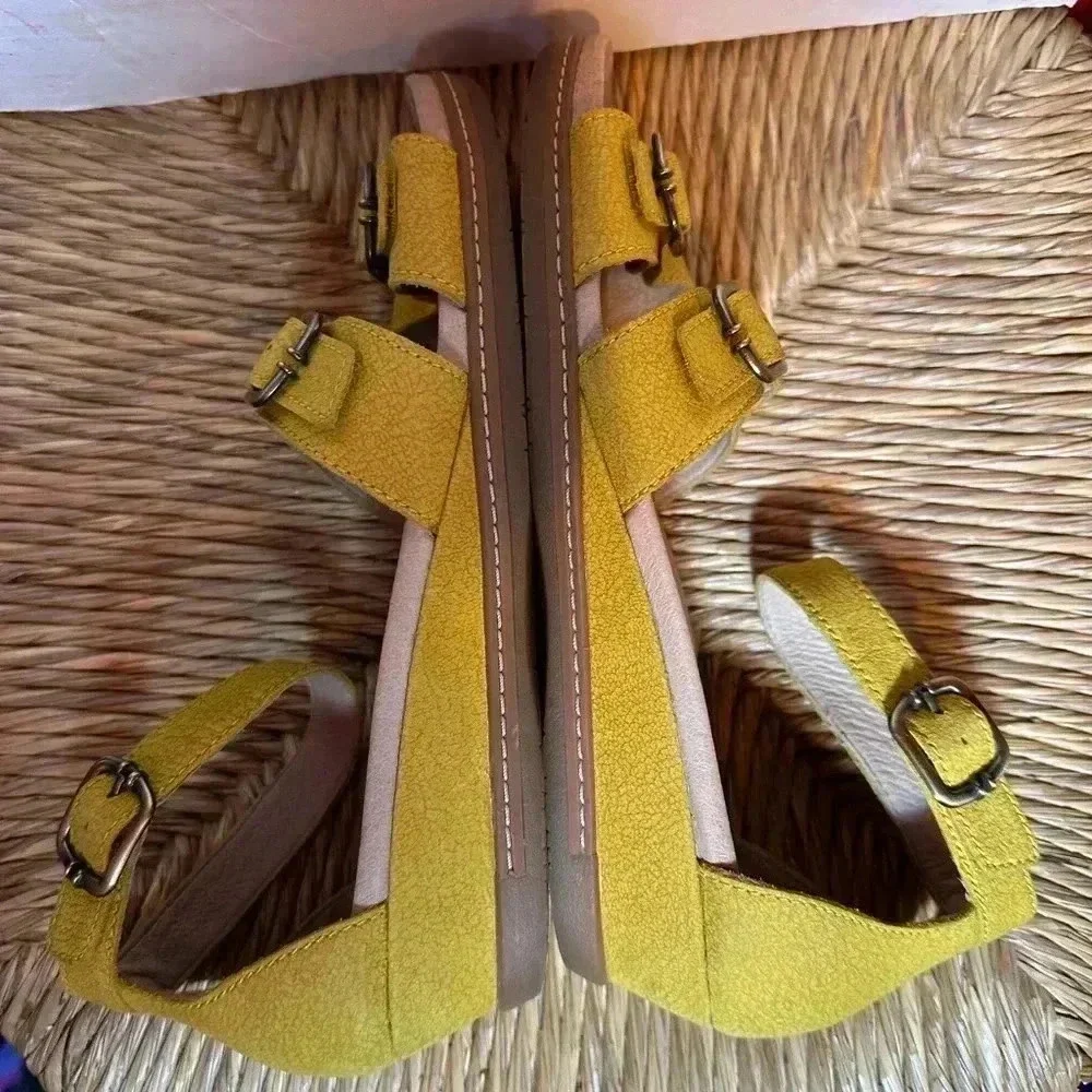 Dansko Astrid Yellow Nubuck Leather Strappy Ankle Wrap Wedge Sandal Sz 40/9.5-10